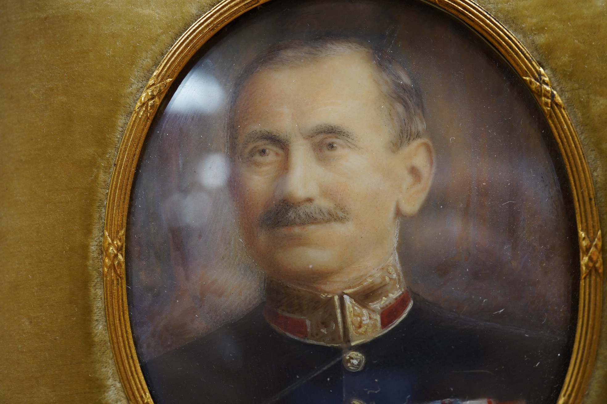 Early 20th century, oil on ivory, Portrait miniature of a military gentleman wearing medals, housed in an original fitted case, 7 x 6cm. CITES Submission reference BRYDXHD5. Condition - fair to good